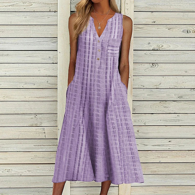 lovwvol Summer Dress Women V Neck Sleeveless Pocket Button Loose Maxi Dresses Vintage Print Party Dress 2024 A-Line Beach Dress