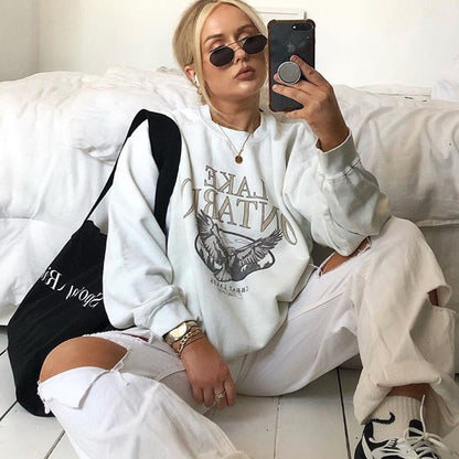 Beige White Vintage Letter Printed Thick Quality Crewneck Sweatshirt Women Oversized Winter Clothes Tops Loose Casual Streetwear