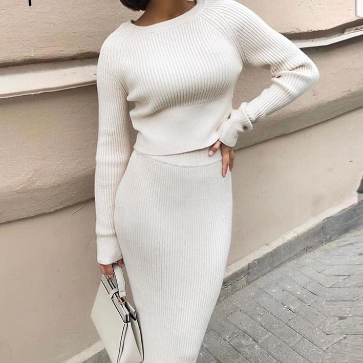 Elegant stripe two piece dress White round neck knit dress High waist street style Autumn winter dress two piece set