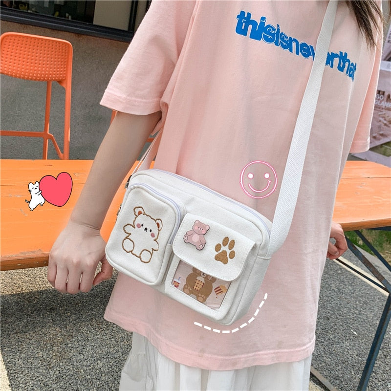 Lovwvol Women's Messenger Bags Ladies Canvas Printed Cute Bear Bag Lady Sweet Cartoon Student Shoulder Bag School Bag