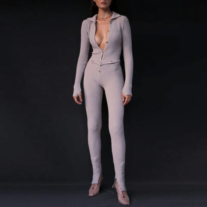 Buttons Up Women Jumpsuits  Fashion Long Sleeve Bodycon Solid Color Slim Jumpsuit Hollow Out Autumn Romper Overall Female