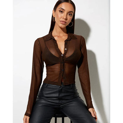 lovwvol Summer Blusas Chocolate Y2k Transparent Mesh Top Perspective Sexy Mature Shirt