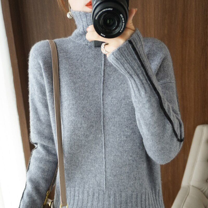 lovwvol lovwvol Autumn and winter new high-neck woolen sweater women Korean version of the vertical stripe loose inner pure wool knitted sweater