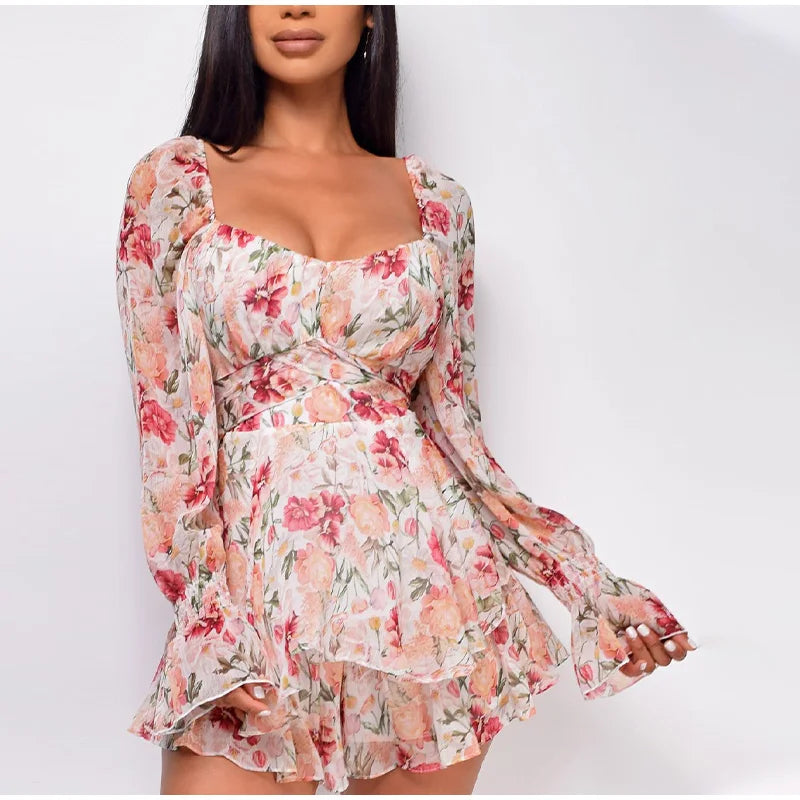 lovwvol Summer Women Jumpsuits Long Sleeve Lace Up Ruffles Floral Print Rompers Female Playsuits Square Collar Outfits