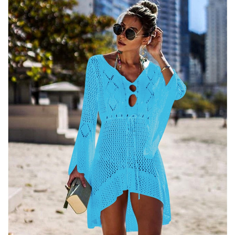 lovwvol New Knitted Beach Cover Up Women Bikini Swimsuit Cover Up Hollow Out Beach Dress Tassel Tunics Bathing Suits Cover-Ups Beachwear