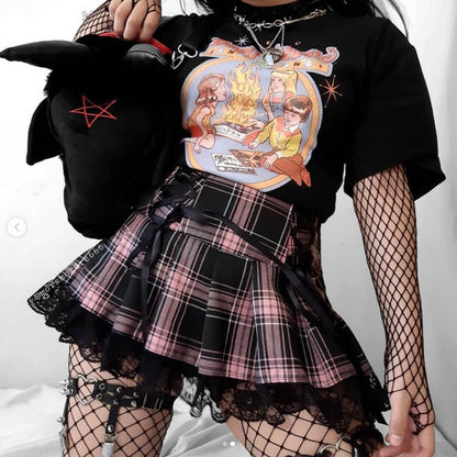 lovwvol Y2K skirts womens Stripe black pink Pleated Skirts Tank Cute Sweet Girls School skirt Plaid lace up Mini goth gloves Skirt lace