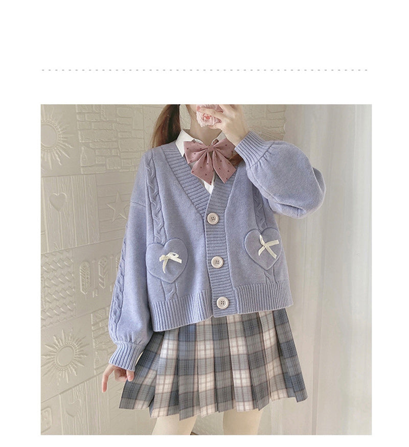 lovwvol Spring Japan Kawaii Fashion Pink Cardigan Women Vintage Crop Knitted Sweater Cute Bow Heart Korean JK School Coat