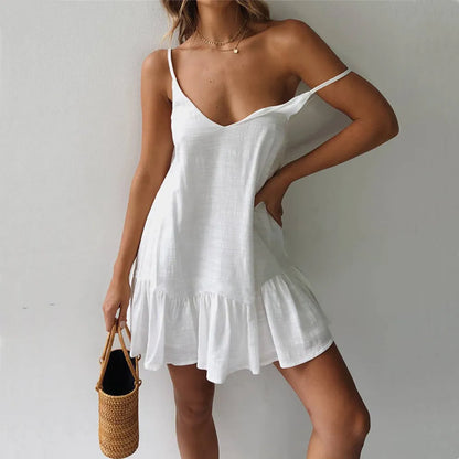 Sexy Spaghetti Strap Ruffle Dress Women Summer Dress  Cotton Linen Vestidos Green Dresses Off Shoulder Sexy Mini Sundress