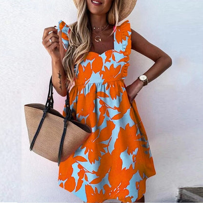 Elegant Butterfly Sleeve Ruffle Mini Dress Casual Square Collar Print Party Dress Women Summer Loose Pocket Beach Dress Vestidos