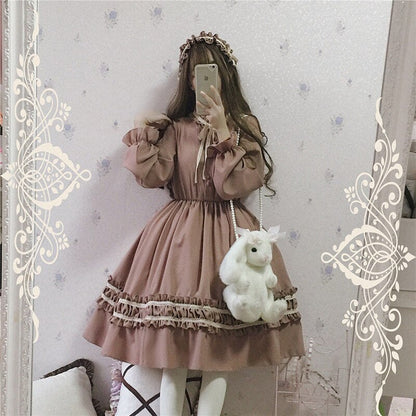 Alice In Wondeland Cute Women Lolita OP Dress Flouncing Lace Trim Japanese Harajuku Long Sleeves Doll Teen Dress Fairy Vestidos