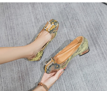 lovwvol New Spring Square Head Shallow Mouth Single Shoes Three-Dimensional Snake Pattern Leather Not Tired Feet 3cm Heel Shoes