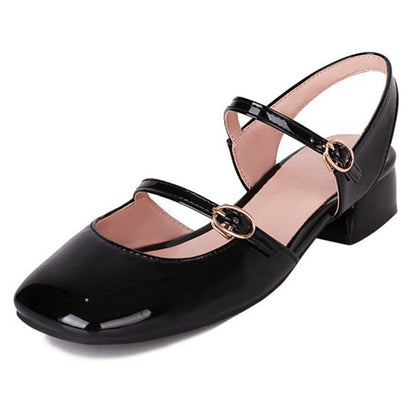 New Women Sandals Square Toe 3cm Block Heels Patent Leather Buckle Classic Vintage Big Size 34-43 Casual