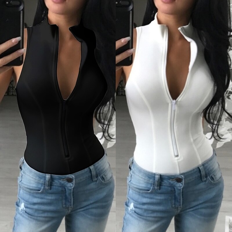 lovwvol Summer Casual Top Tees Women T-Shirt  Zipper Tank Tops Women Sleeveless Sexy Slim Crop Top Female Slim Black White Tops