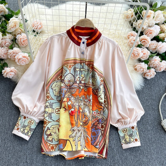 Women's Suit Spring Summer Fashion Suit Vintage Printed Two Piece Set Loose Blouse Tops High Waist Pocket Leg Shorts Female Sets