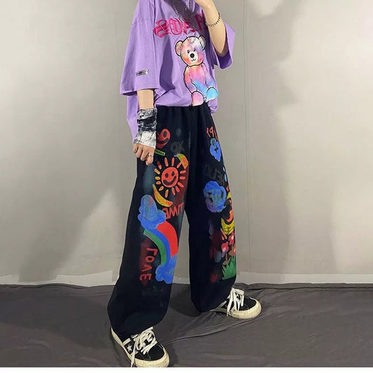 Black Gothic Graffiti Summer Pants Harajuku Punk Pants Japan Loose Autumn Trousers Fashion Funny Straight Hip Hop Pants Women