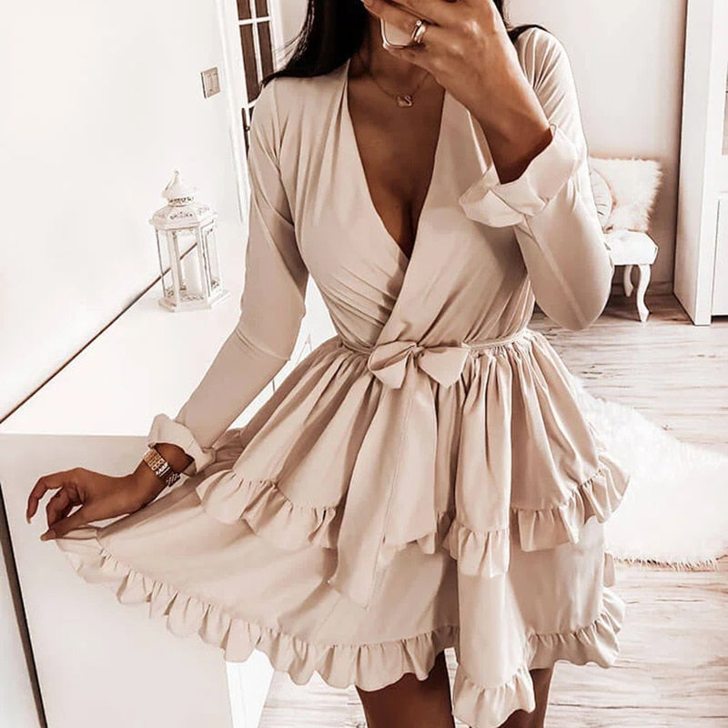 CVYATAYA New Arrived Flared Sleeves Ruffles V Neck Sexy Dress Women Spring Autumn Long Sleeve A-Line Solid Sashes Mini Dresses