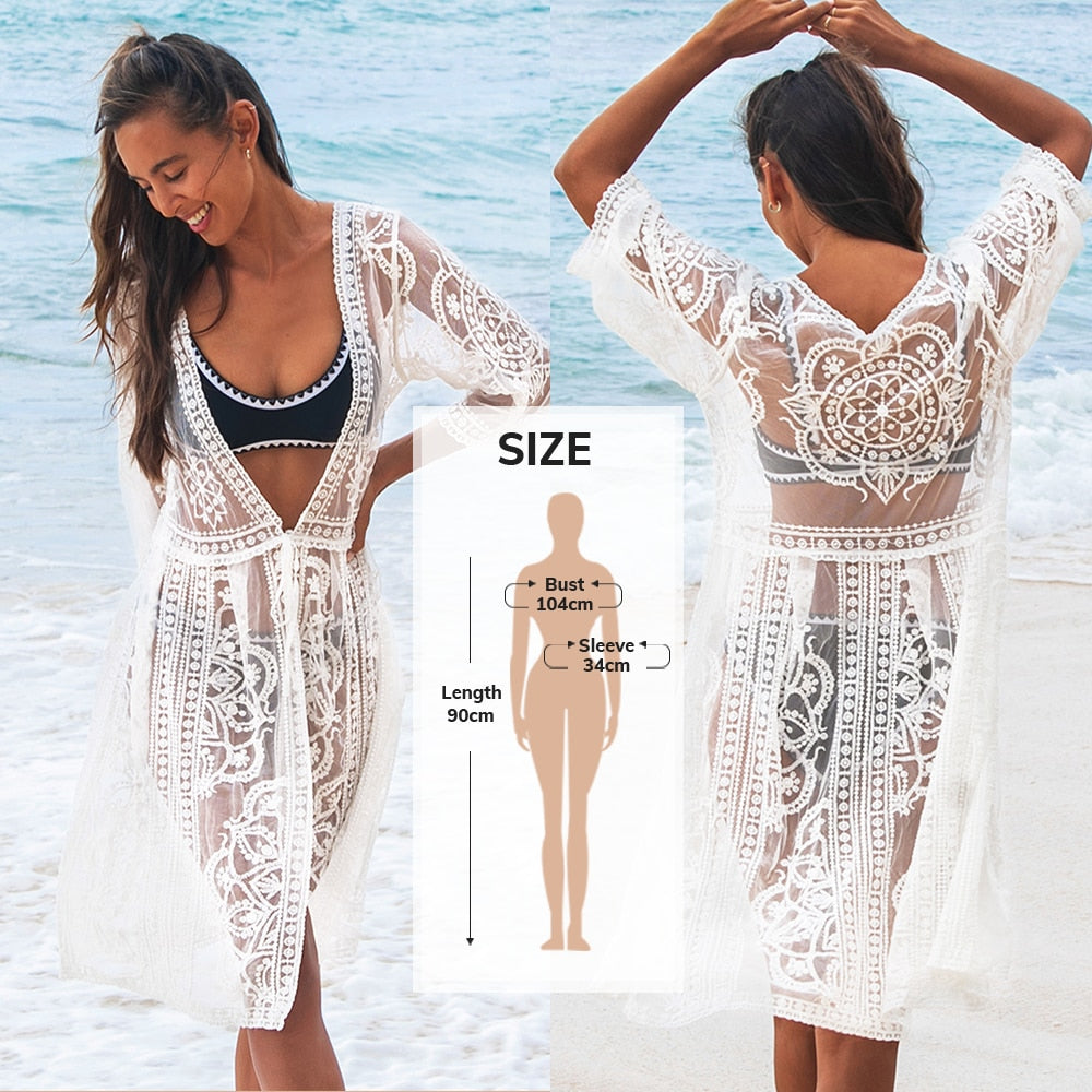 White Crochet Bikini Cover Up with Fringe Trim Women Sexy Hollow Tunic Beach Dress Summer Bathing Suit Beachwear