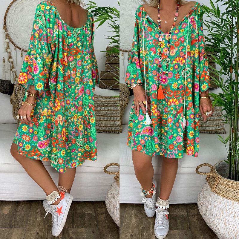 lovwvol Helisopus Summer Plus Size Women Boho Floral Print Dress Casual Loose Deep V Neck Holiday Beach Shirt Dress Vestido