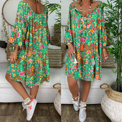 lovwvol Helisopus Summer Plus Size Women Boho Floral Print Dress Casual Loose Deep V Neck Holiday Beach Shirt Dress Vestido