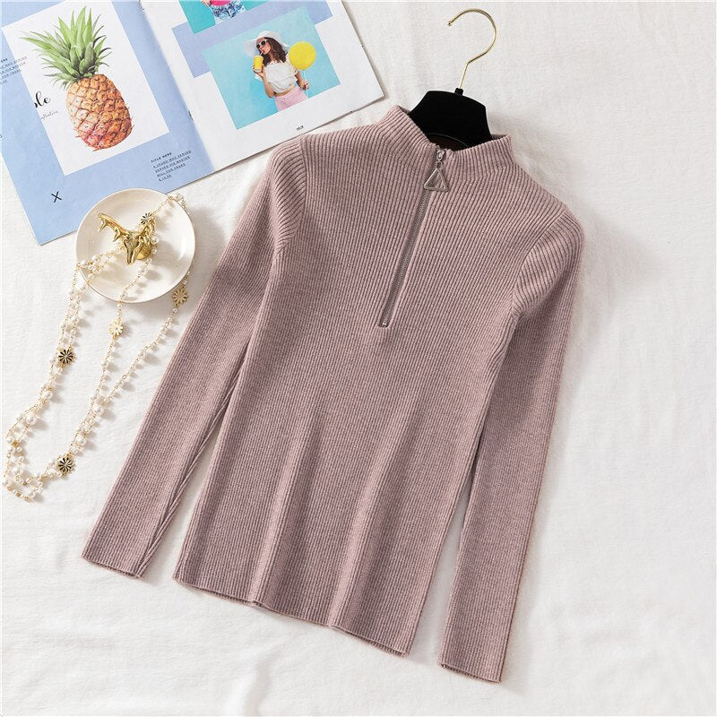 Sexy Turtleneck Sweater Women Autumn Winter Clothes Sueter Mujer Zip Christmas Sweaters Pink Fashion Pullovers Ladies