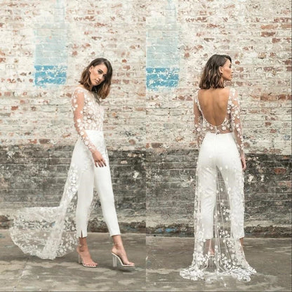 lovwvol Sexy Open Back Pant Suit Wedding Party Bride Gowns Applique Lace Long Sleeves pants suit wedding Dress  Cheap Formal Dress