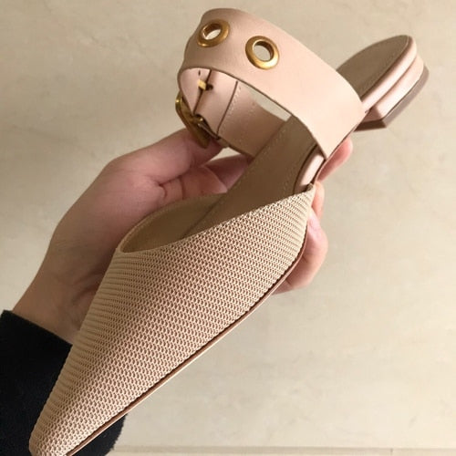 Pointed Toe Flat Mules Popular New Semi-Slipper Outer Wear Metal D-Shape Button Flat Shoes