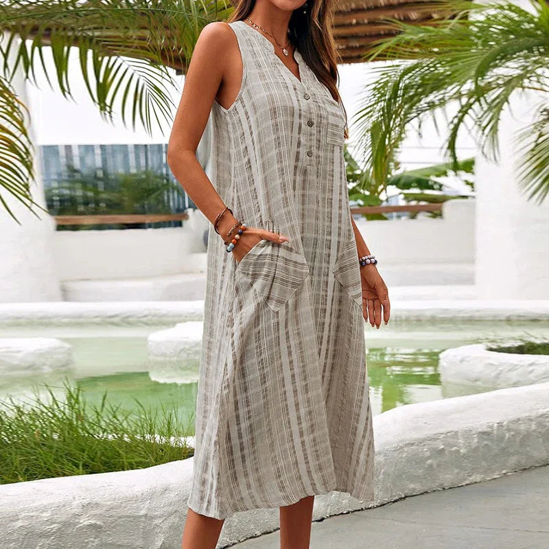 lovwvol Summer Dress Women V Neck Sleeveless Pocket Button Loose Maxi Dresses Vintage Print Party Dress 2024 A-Line Beach Dress