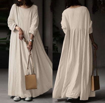 Women Elegant Maxi Long Dress   Autumn Vintage Long Sleeve Solid Sundress Kaftan Femme Robe Vestidos  Baggy