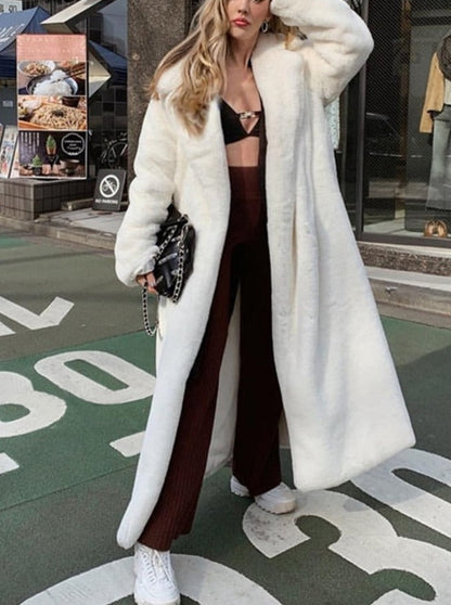 lovwvol     Winter Long White Fluffy Warm Oversized Faux Fur Coat Women with Hood Lapel Sashes Loose Korean Fashion Outerwear