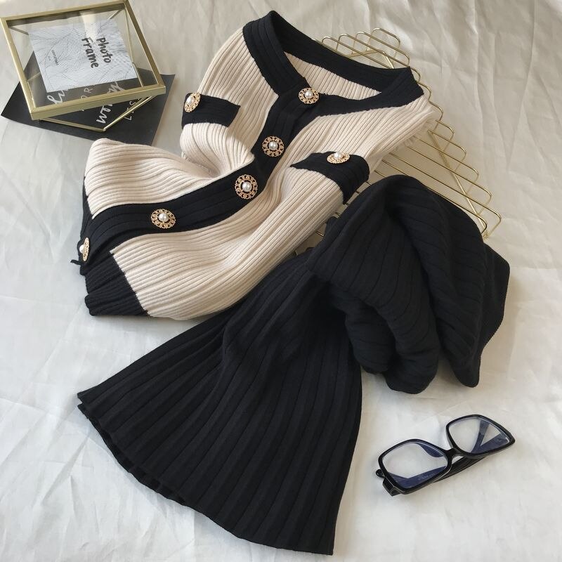 lovwvol High Quality  Spring Fall Knit 2 Piece Set Women Office Lady Single Breasted Sweater Cardigan + Pleated Long Skirt Suit Sets