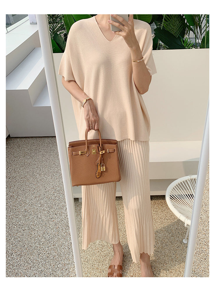 lovwvol Summer Korean Fashion Casual Knitted Two Piece Set Women Loose Pullover Sweater Tops + Wide Leg Pants Suits Knitwear 2 Piece Set