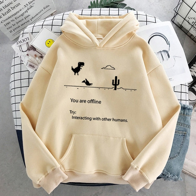 Cartoon Dinosaur Letter Print Hoodies Women Hooded Oversize Pullovers Harajuku Warm Kawaii Female Loose Streetwear Sweatshirts