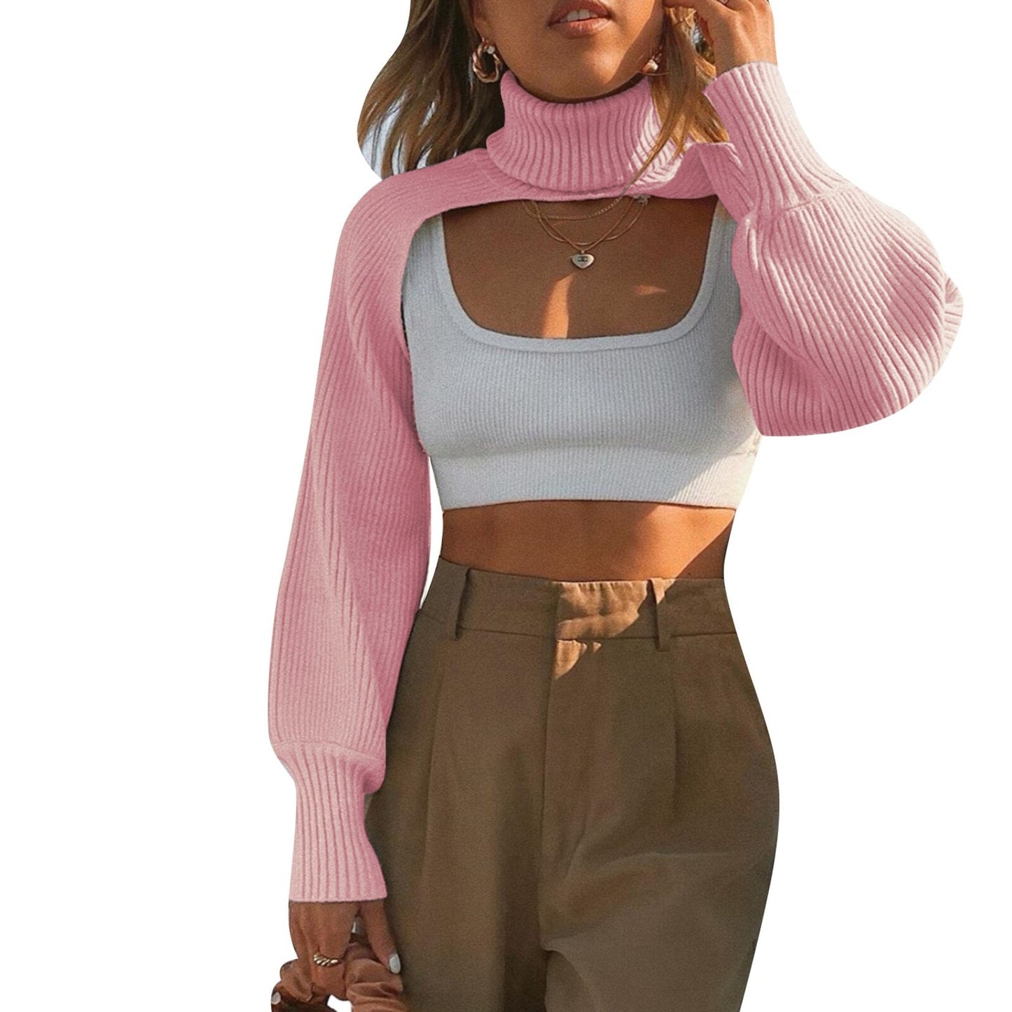 lovwvol Female Sweater Solid High Collar Long Puff Sleeve Knitwear Pullover for Women Apring Autumn Y2K Aesthetic Crop Top Halter Top