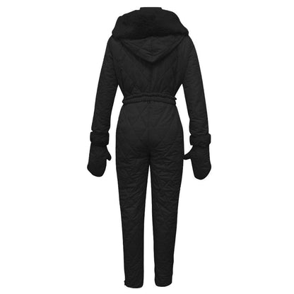 Winter Hooded Jumpsuits Parka Elegant Cotton Padded Warm Sashes Ski Suit Straight Zipper One Piece Women Tracksuits Thick