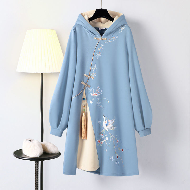 Chinese Style Hooded Stitching Vestido Cheongsam Embroidery Sweatshirt Dress Spring Autumn Women Buckle Thick Harajuku Dresses