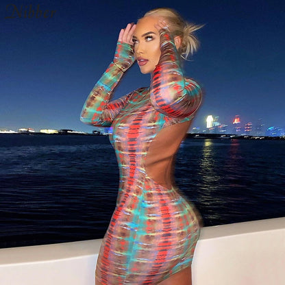 lovwvol Sexy Backless Serpentine Print Mini Bodycon Dress Women Fall Chic Package Hip Streetwear Female Casual Party Club Clothes