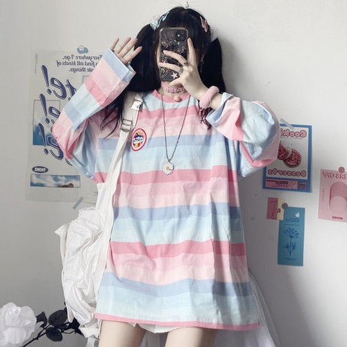 lovwvol harajuku Long Sleeve T Shirt girl Christmas Topspring autumn embroidery stripe Tops Tee Women full Sleeve T-shirt Casual Female