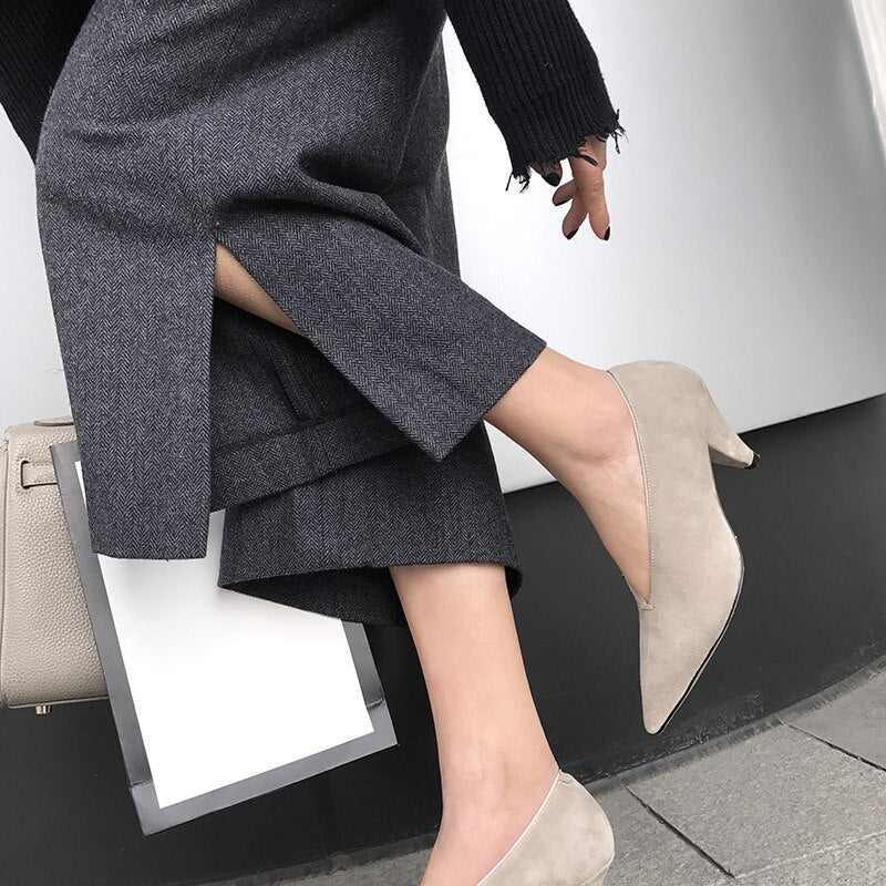 women Genuine Leather shoes cow leather Sheep suede spike heels pointed toe women pumps professional  office career