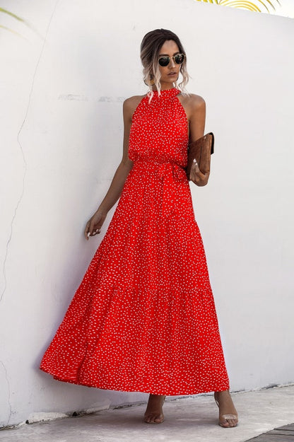 Summer Elegant  beach Women Dress  long Print Flowers Polka-dot strap Ladies Halter boho Dress Vintage party ladies Dress