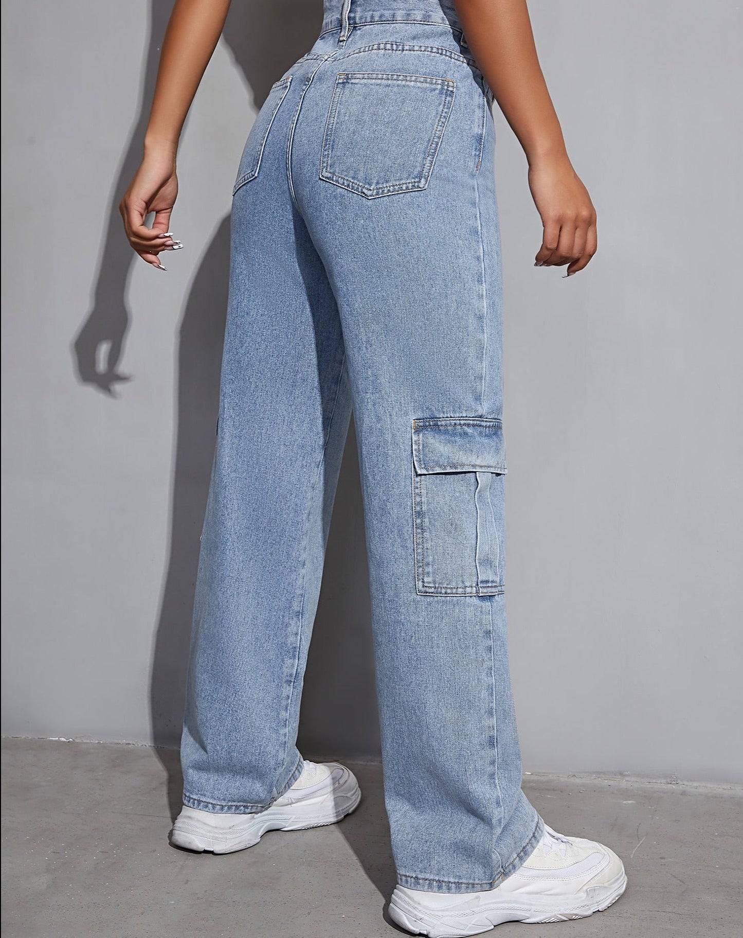 lovwvol Women High Waist Flap Pocket Side Baggy Jeans Relaxed Fit Casual Straight Stretch Wide Leg Cargo Jean Loose Boyfriends