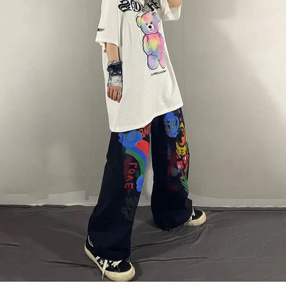 Black Gothic Graffiti Summer Pants Harajuku Punk Pants Japan Loose Autumn Trousers Fashion Funny Straight Hip Hop Pants Women