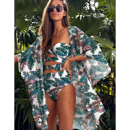 Leaves Print Bikini Beach Cover up Tunics for Beach Long Kaftan Bikini Cover up Robe de Plage Sarong Beach Swimsuit cover-ups