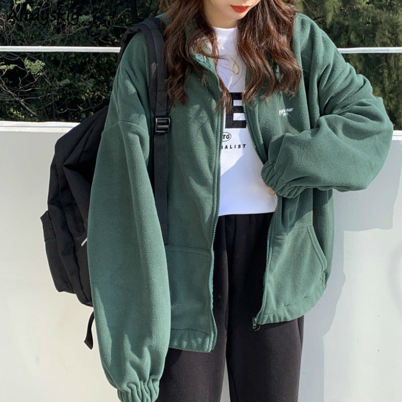 Women Plus Fleece Hoodies Autumn Streetwear Zip-up Oversize Sweatshirt Jacket Trendy Solid Pocket Turn-down Collar Women Outwear