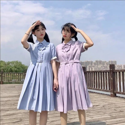 lovwvol Harajuku Sailor Collar Navy Dress Japanese Lolita Sweet Bow-knot Girl Retro Cotton Kawaii Preppy Style Short Sleeve Dress Women