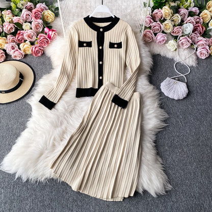 lovwvol High Quality  Spring Fall Knit 2 Piece Set Women Office Lady Single Breasted Sweater Cardigan + Pleated Long Skirt Suit Sets