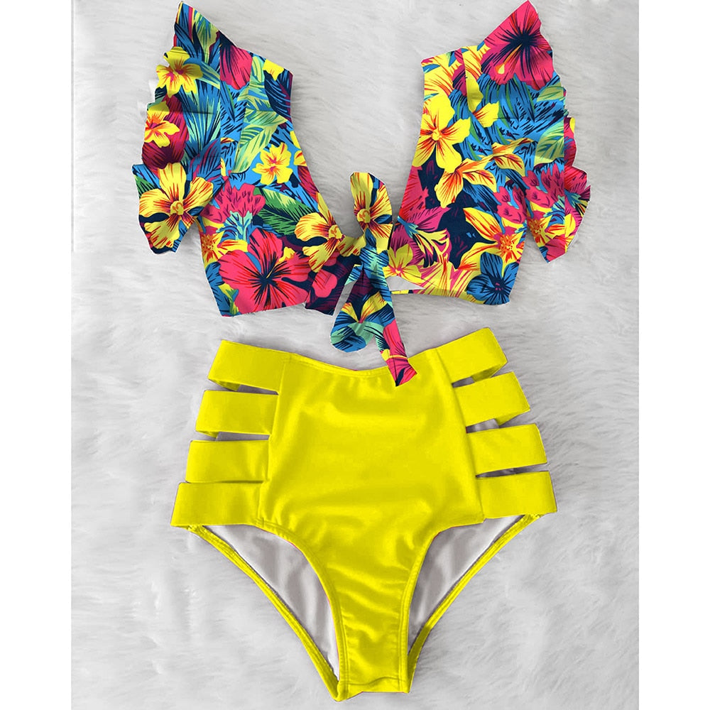 High Waist Bikini Ruffle Swimwear Women Print Sexy Swimsuit Push Up Bikinis Plus Size Bathing Suits Floral Beach Wear