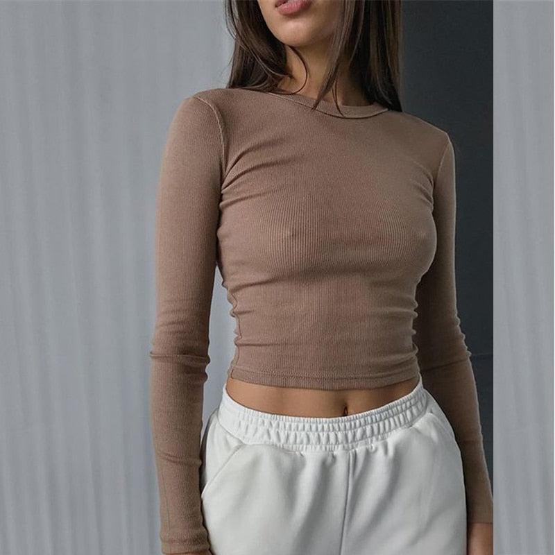 Irene O Neck Long Sleeve Shirt Women Ribbed Sexy Cropped Tops Spring Black Casual Skinny Slim Basic Woman T Shirts White