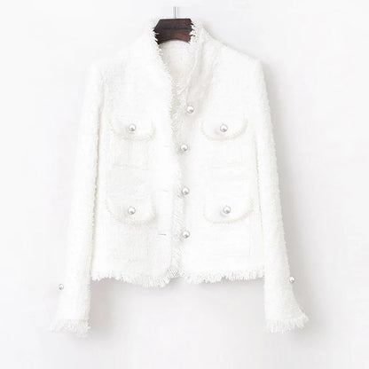 tweed jacket White Pearl inlaid pocket autumn /winter women's jacket new slim slimming tweed ladies jacket coat