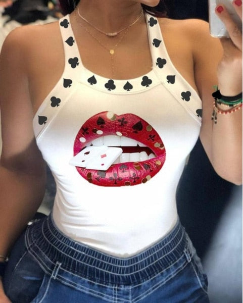 Tank Tops Women U Neck Letter Print Lips Vest Summer Ladies Harajuku Shirts Slim Fit Polyester Sleeveless Top Tshirts