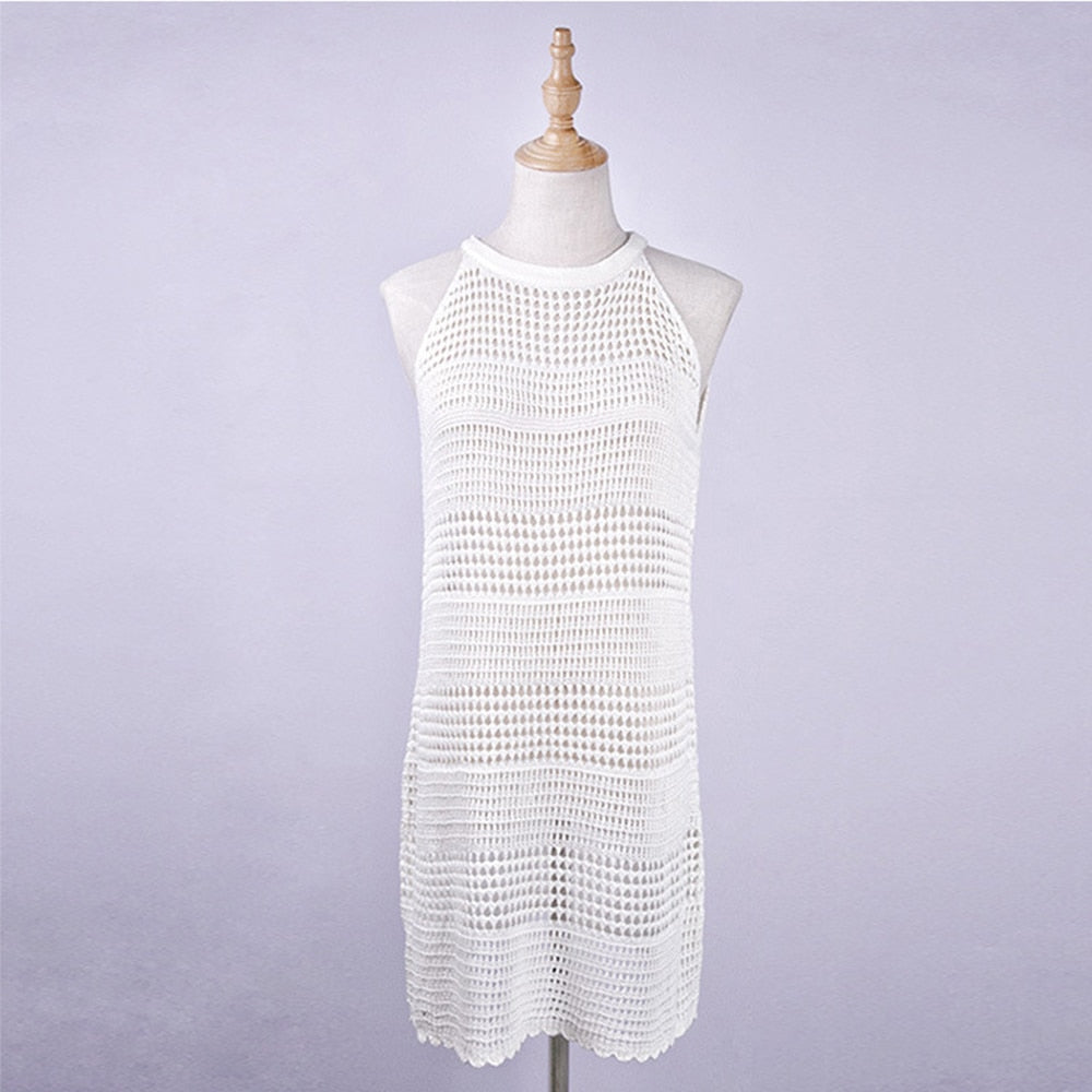 Sexy Beach Wear Cover Up Sleeveless Hollow Dress Crochet Knitted Woman Swimwear Bikini Cover Up Hand Made Beach Dresses